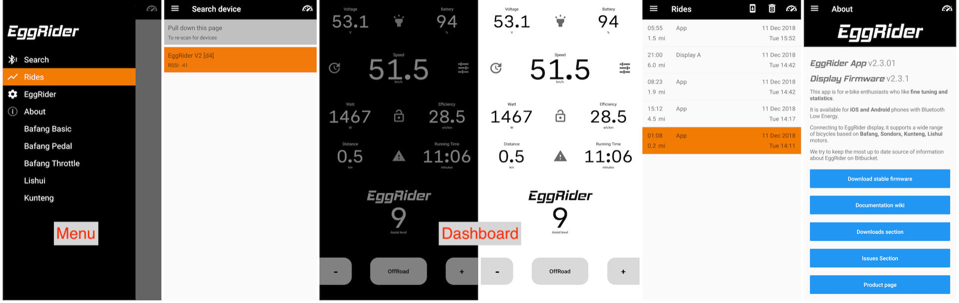EggRider app overview main pages