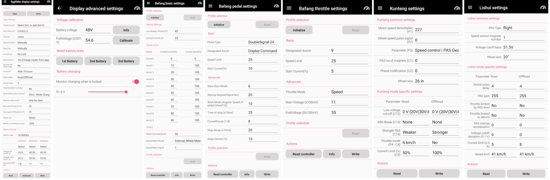 EggRider app overview settings pages