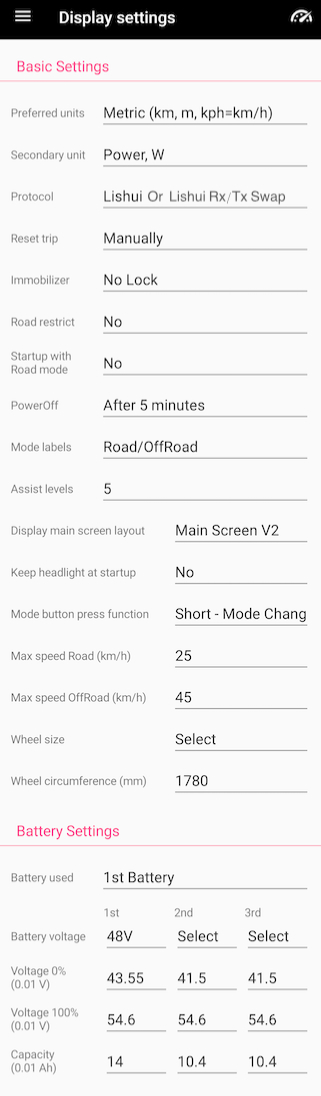 RadRunner EggRider Display settings