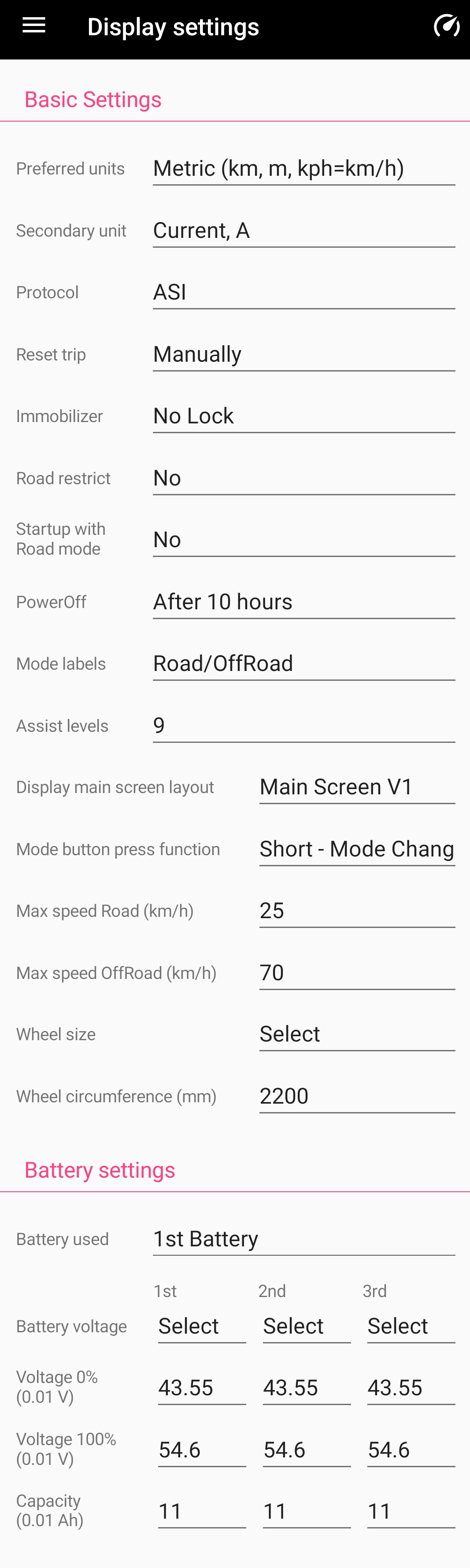 EggRider Radv2 display settings